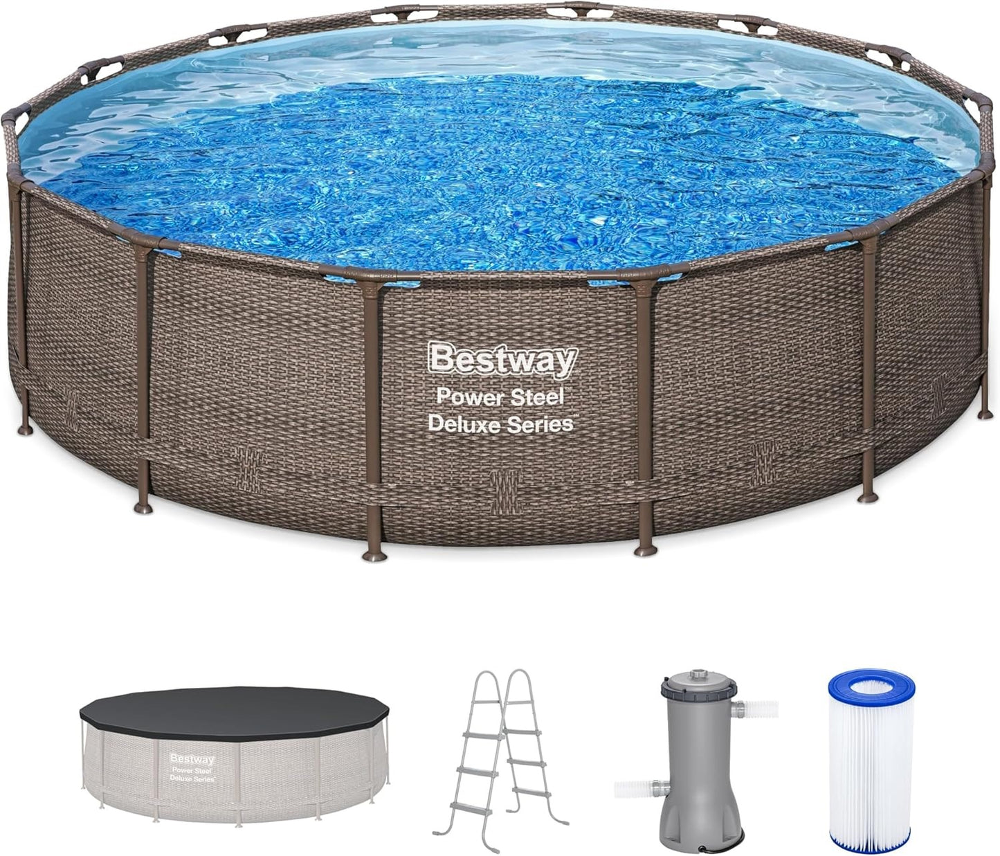 Bestway Power Steel 14’ x 42” Round Above Ground Outdoor Backyard Swimming Pool Set with 1,000 GPH Filter Pump, Ladder, and Pool Cover