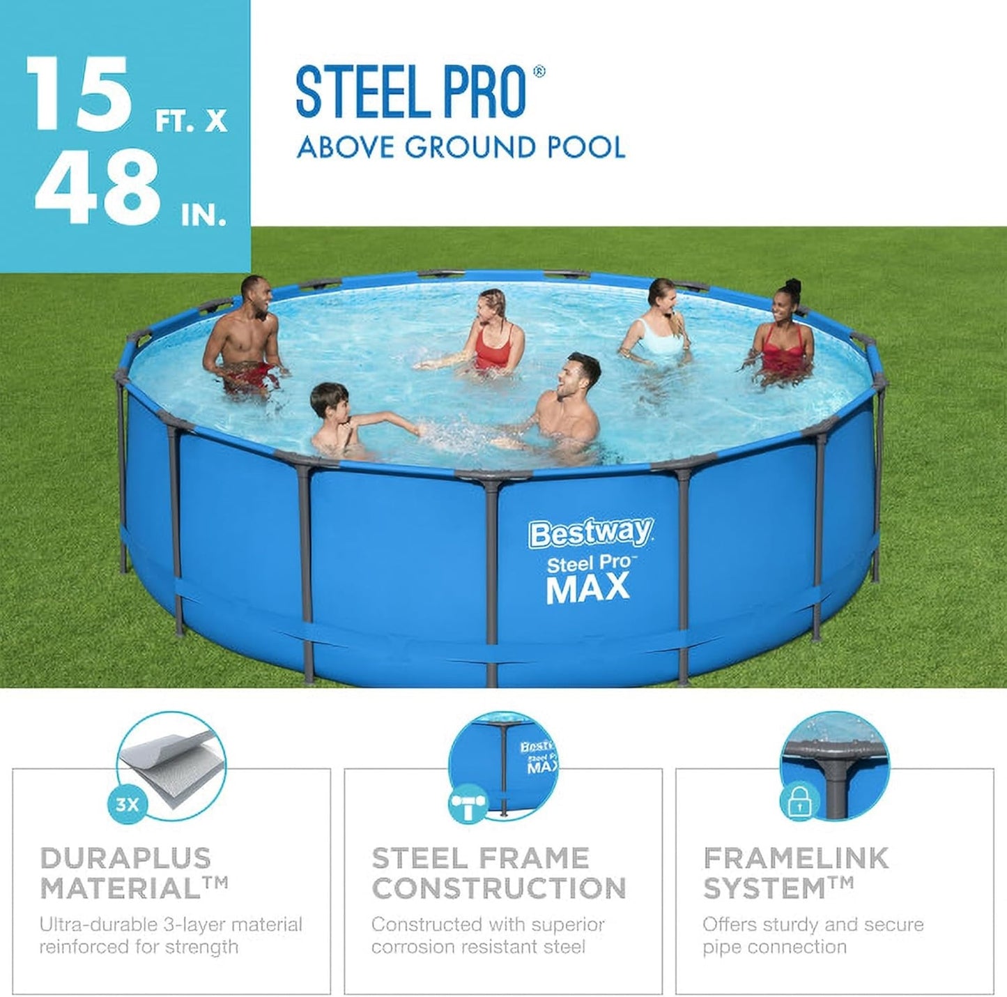 Bestway Steel Pro 15’ x 48" Round Metal Steel Frame Above Ground Outdoor Backyard Family Swimming Pool, Blue