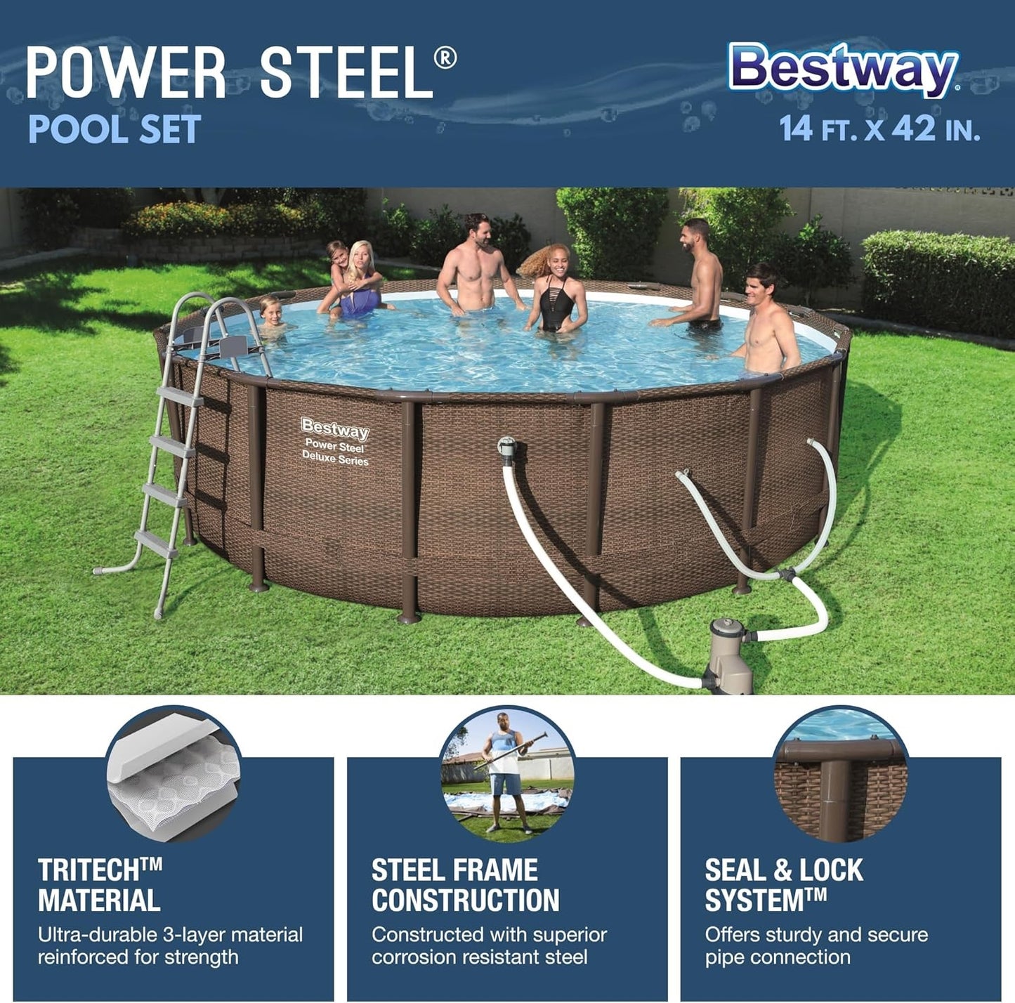 Bestway Power Steel 14’ x 42” Round Above Ground Outdoor Backyard Swimming Pool Set with 1,000 GPH Filter Pump, Ladder, and Pool Cover