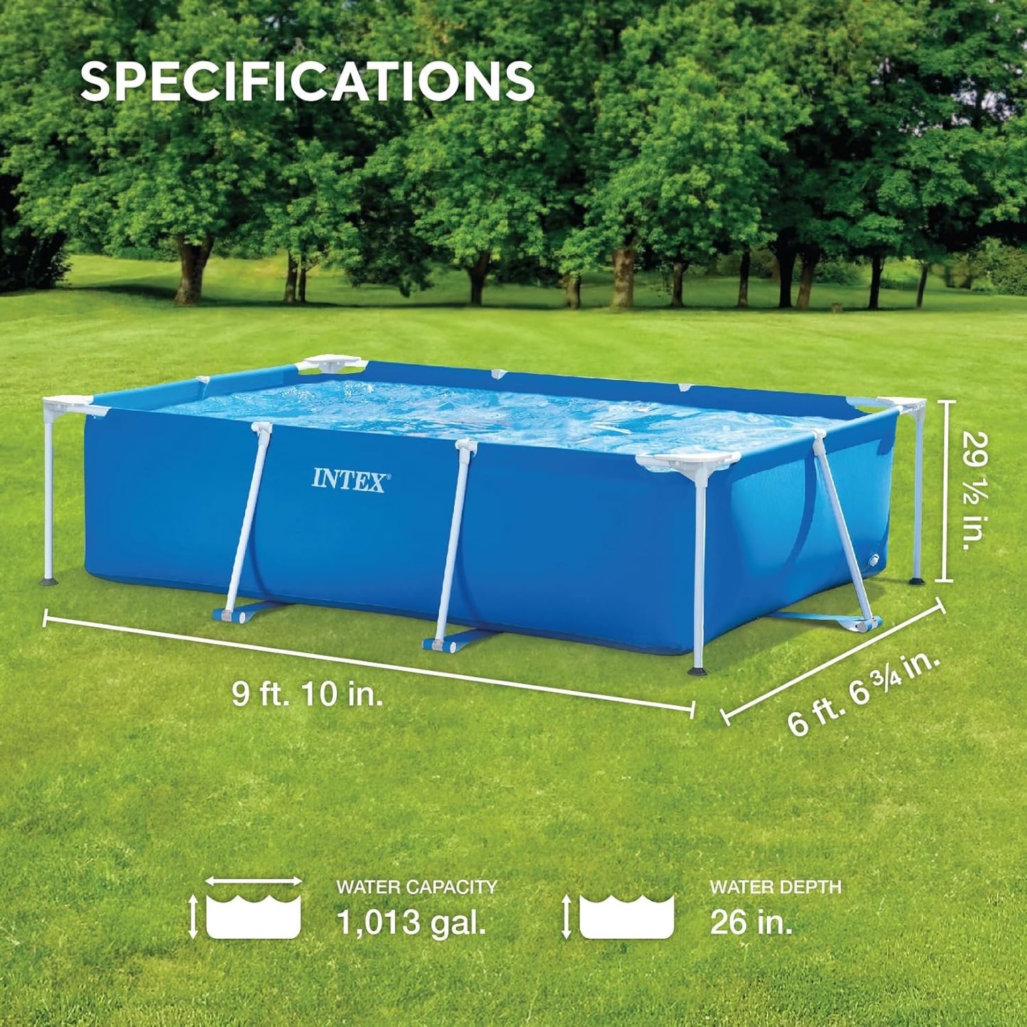 Intex 9.8' x 79" x 29.5" Rectangular Frame Above Ground Outdoor Backyard Swimming Pool with Flow Control Valve for Quick Draining, Blue