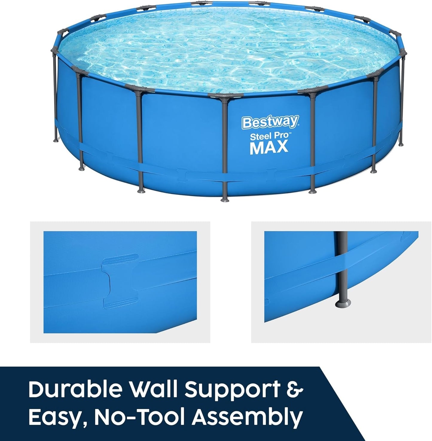 Bestway Steel Pro 15’ x 48" Round Metal Steel Frame Above Ground Outdoor Backyard Family Swimming Pool, Blue