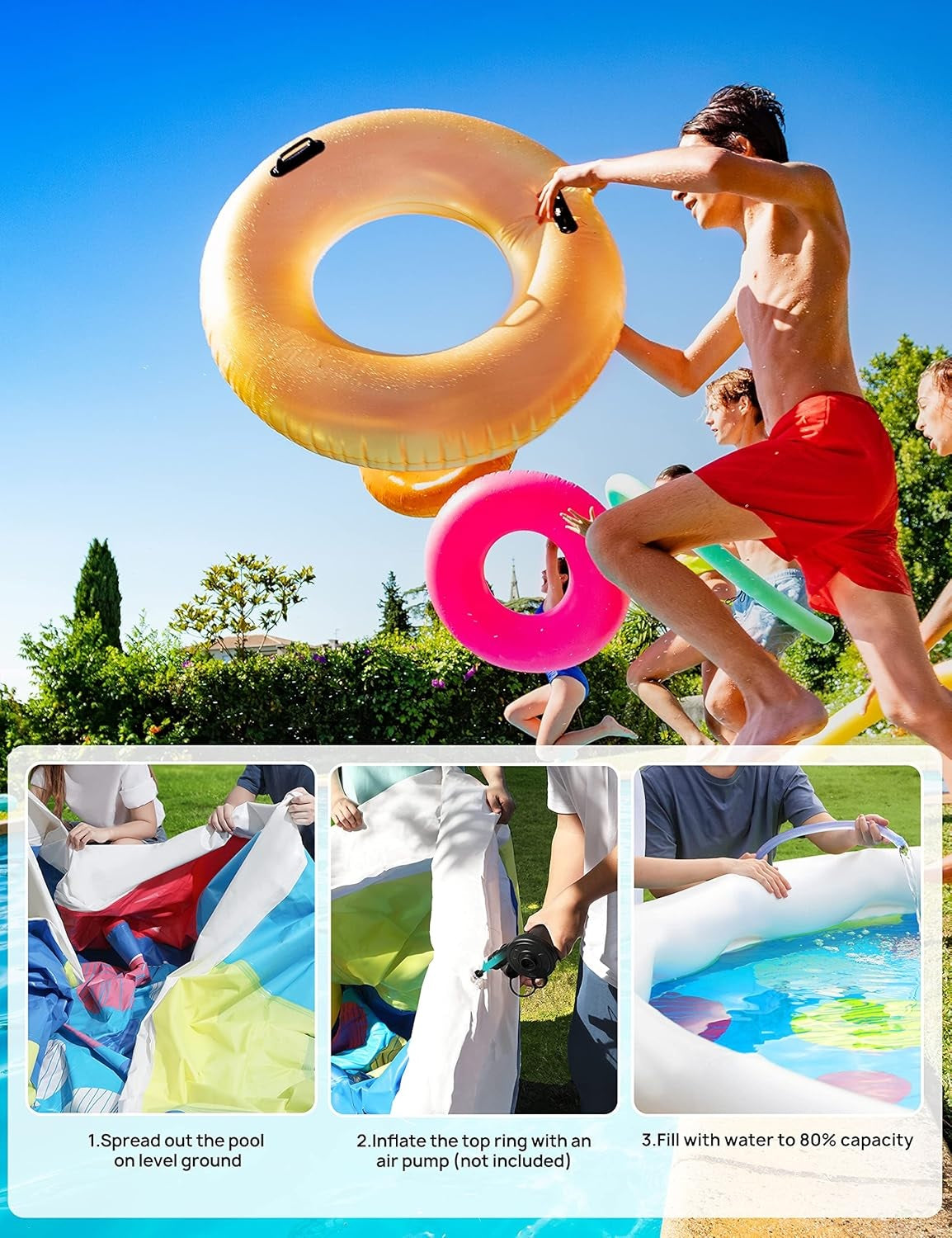 EVAJOY Inflatable Top Ring Swimming Pools 18ft*48in Round Pool Include Filter Pump Include Filter Pump Blue