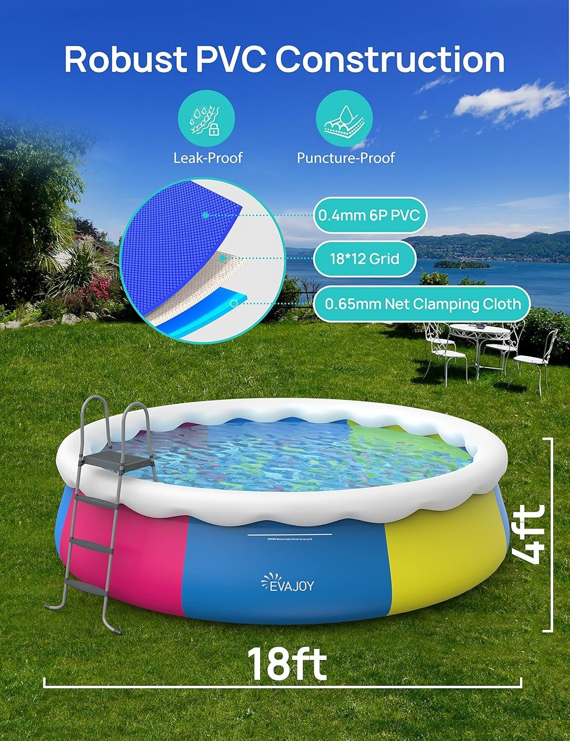 EVAJOY Inflatable Top Ring Swimming Pools 18ft*48in Round Pool Include Filter Pump Include Filter Pump Blue